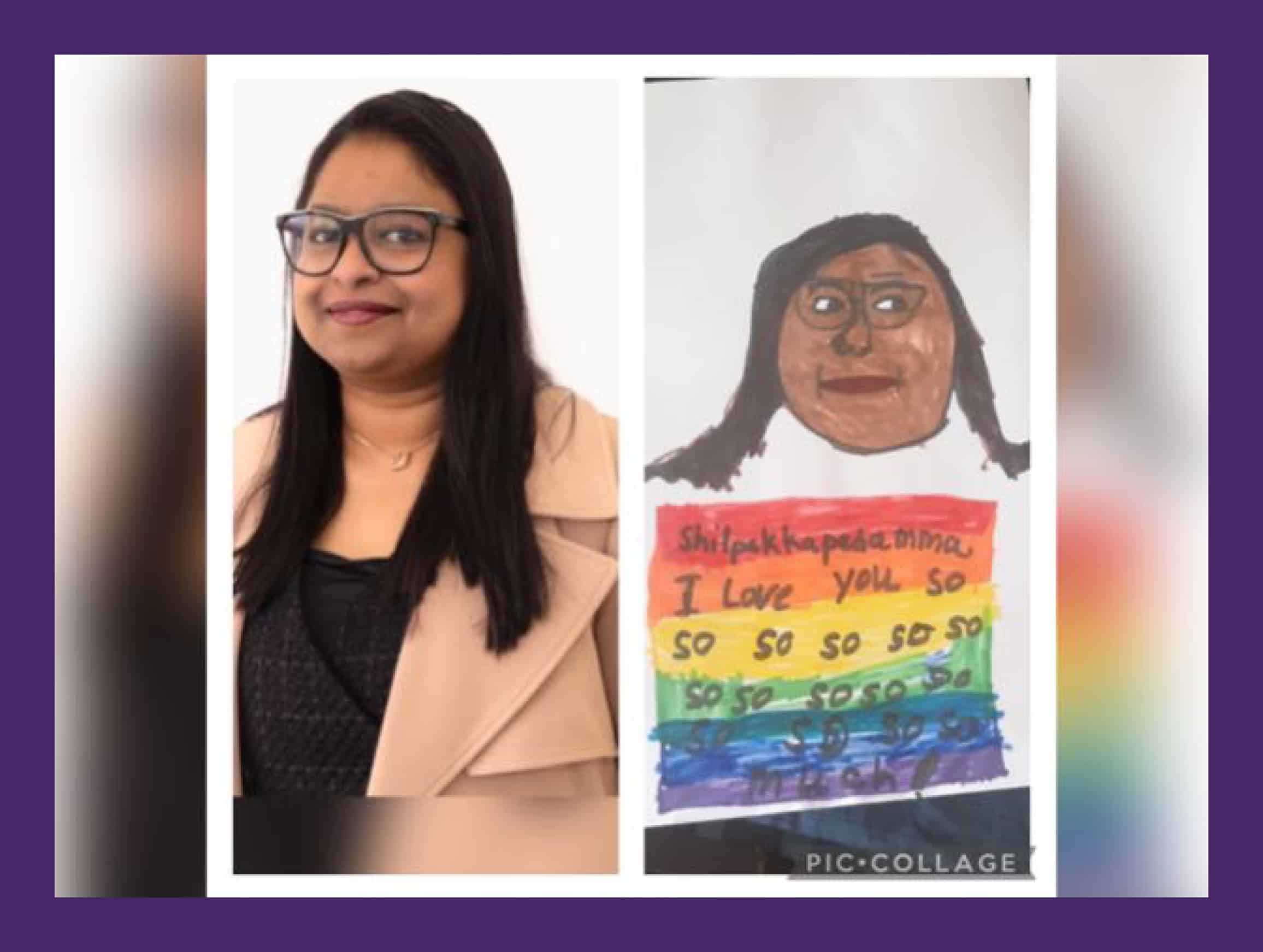 Two images side by side of a woman with long dark hair and glasses adjacent to a drawing of the same woman